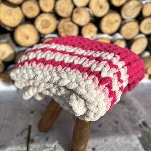 Pink and White chunky Knitted Blanket